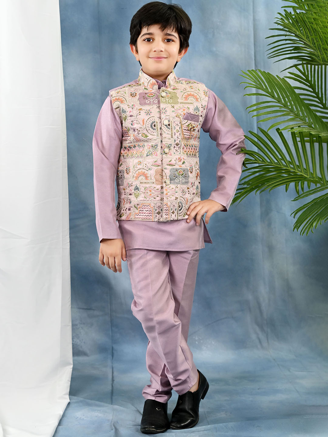BT DEZINES Boys Thread Work Kurta with Pyjamas With Embroidered Waistcoat