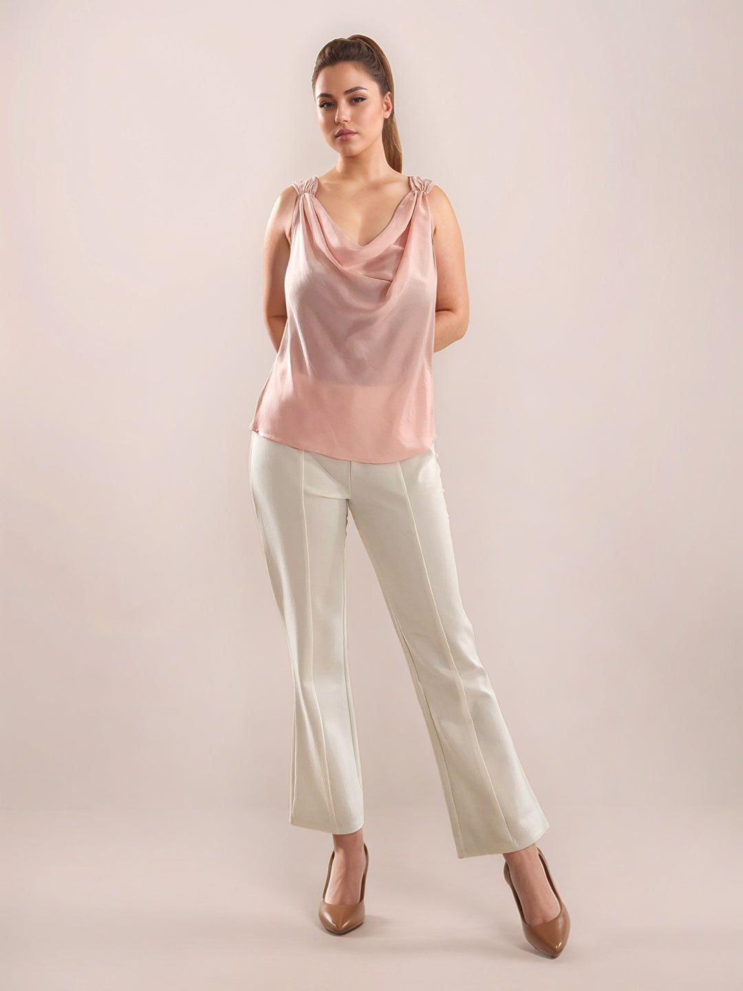 Zink London Pink Solid Halter Neck Sleeveless Blouses & Tops