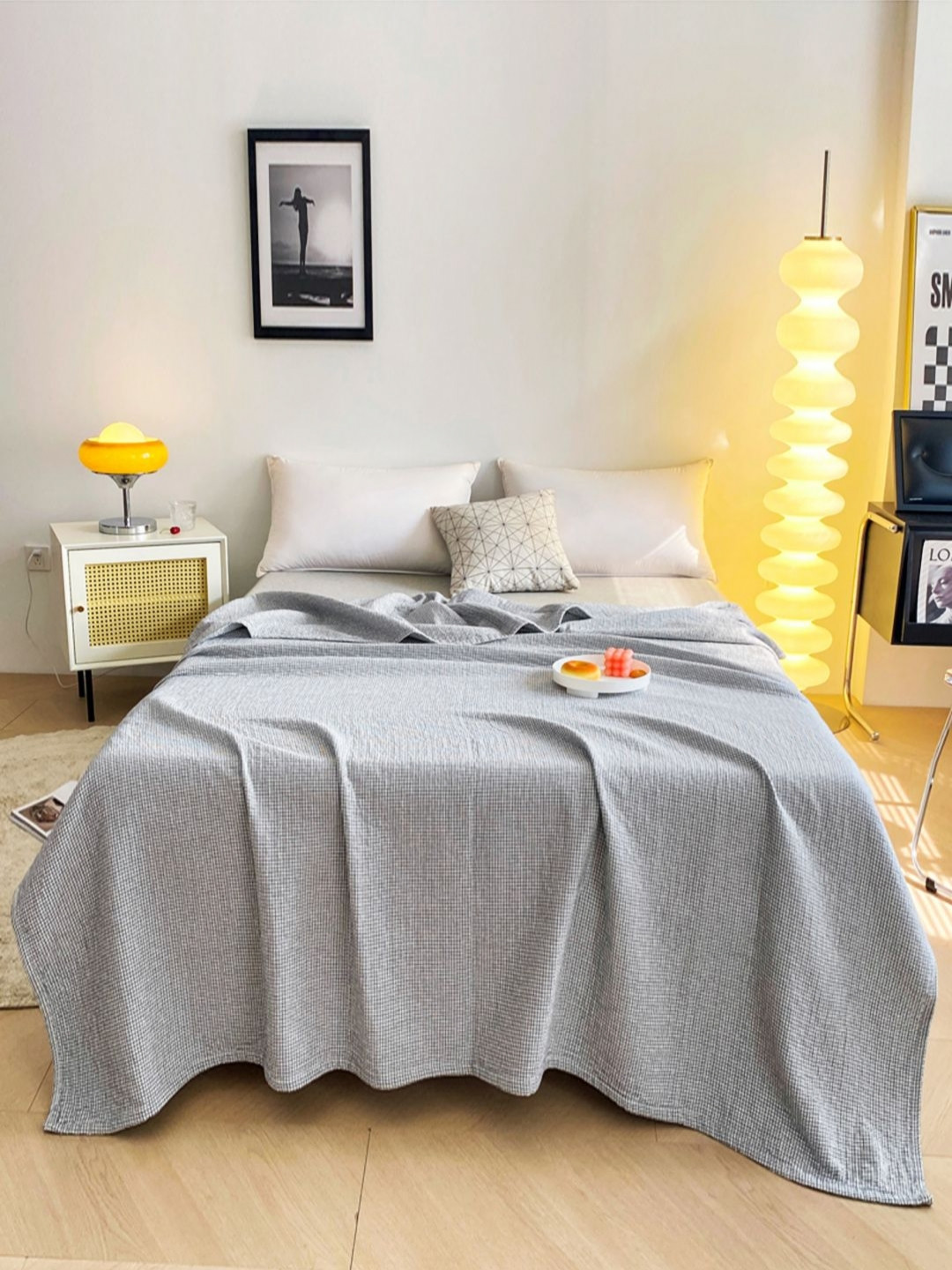 JC HOME White & Black Checked Pure Cotton AC Room 300 GSM Double Bed Blanket