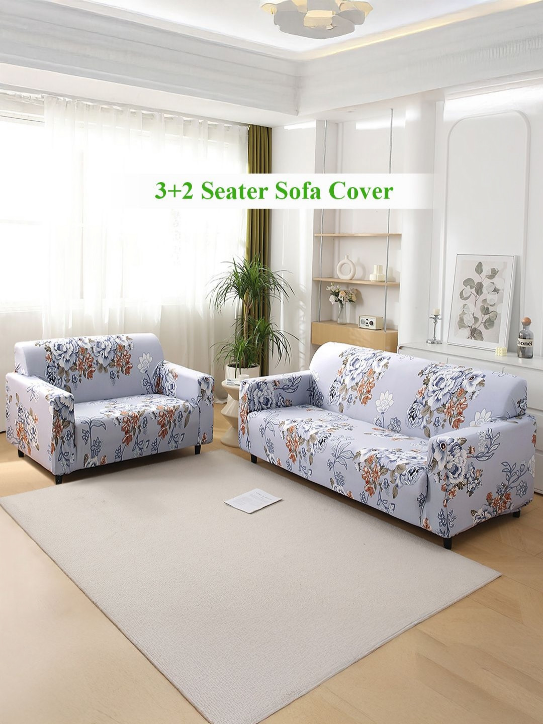 HOKIPO Gentle Grey Dahlia Print 5 Seater Fully Covered Stretchable Sofa Cover