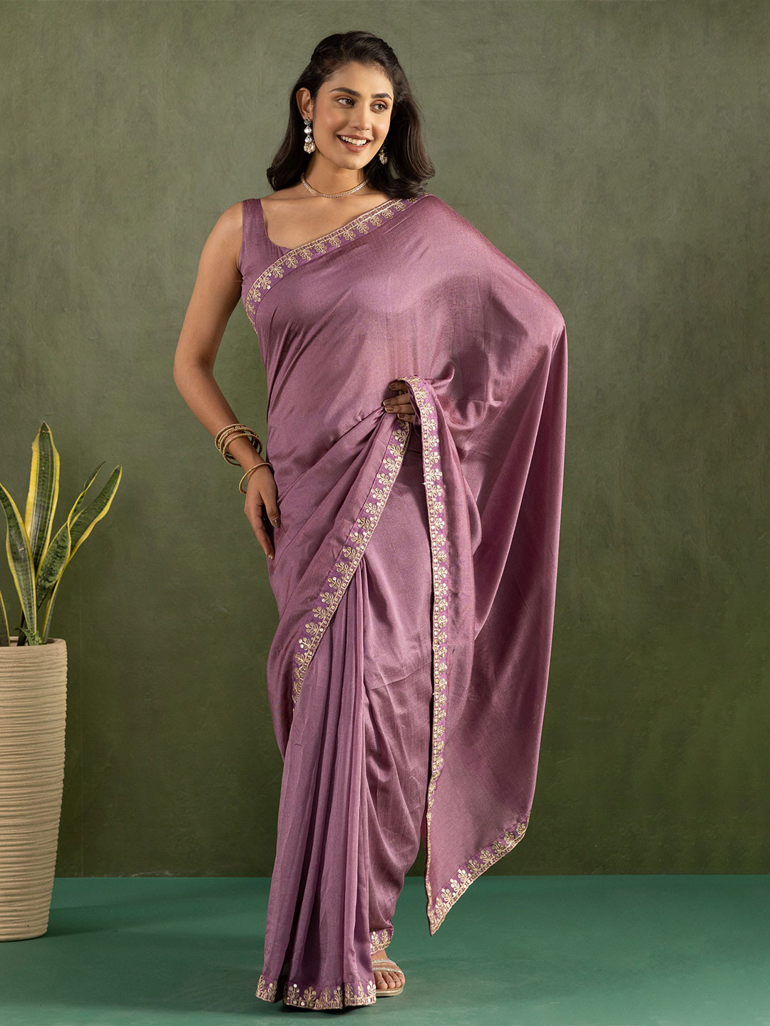 HERE&NOW Embroidered Pure Chiffon Saree Ready to Wear Saree