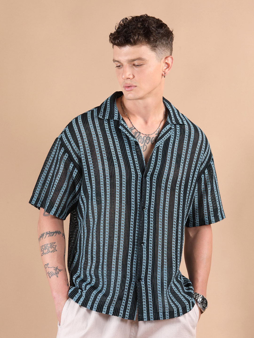 Beyoung Vertical Striped Crochet Short Sleeves Cotton Shirt