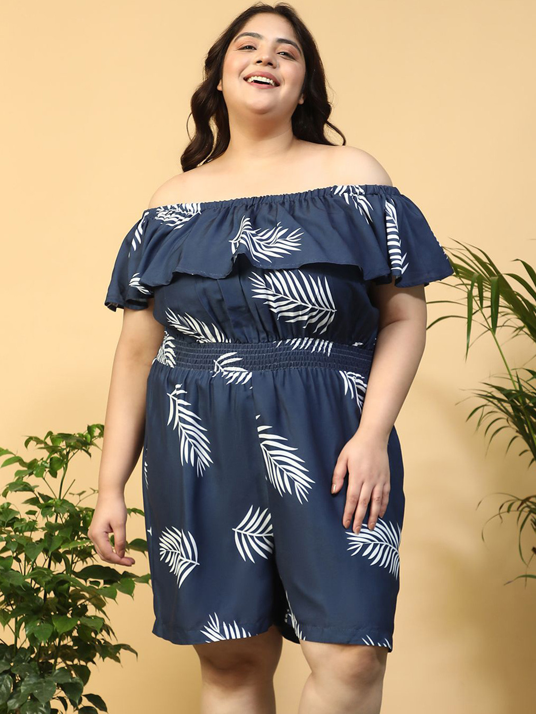 Oxolloxo Plus Size Tropical Print Elasticated Short Sleeve Off-Shoulder Beachwear Playsuit