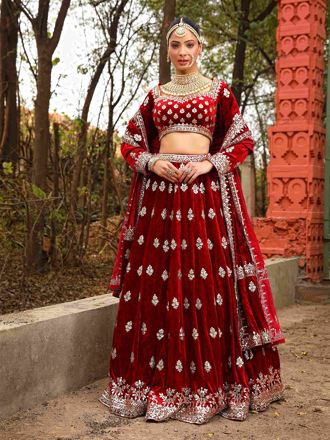 The Front Row Floral Embellished Gota Patti Velvet Lehenga Choli With Dupatta