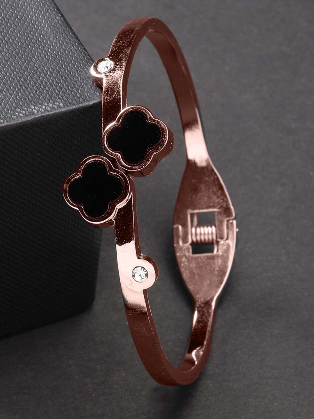 Stylewell Stainless Steel Artificial Stones Studded 3D Floral Clover Bangle-Style Bracelet