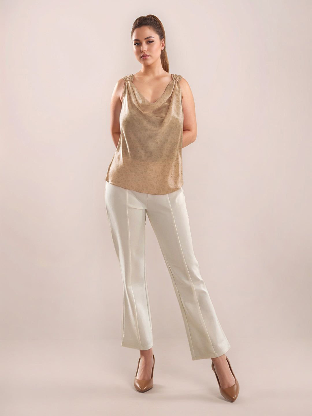 Zink London Women Beige Self Design Cowl Neck Shoulder Straps V-Blouses & Tops