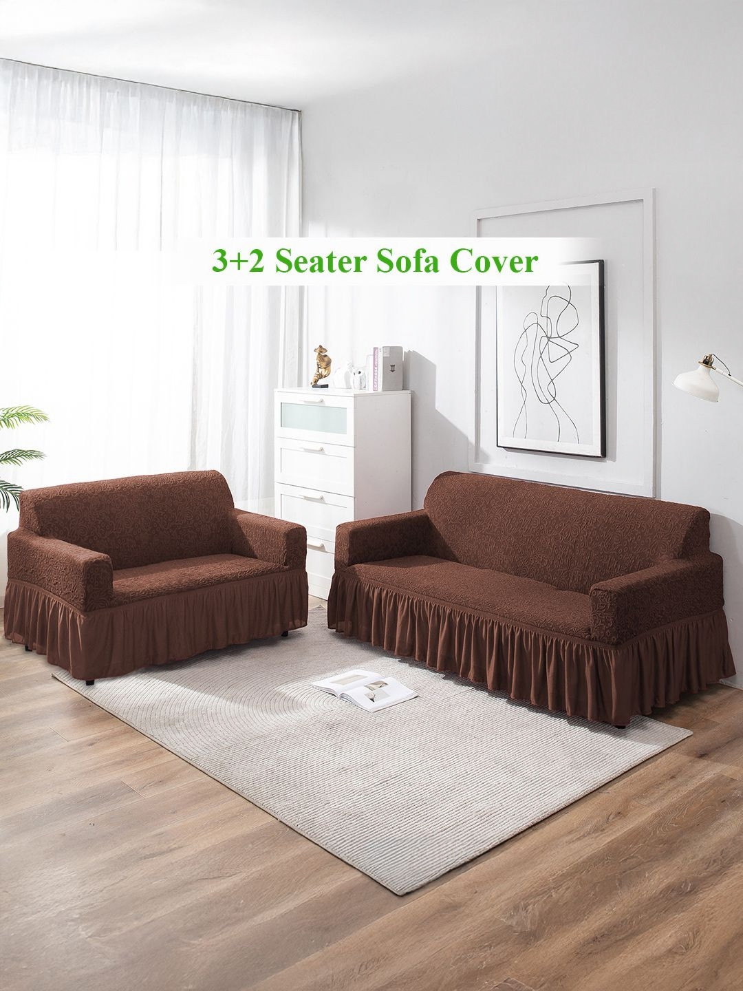 HOKIPO Pecan Brown Solid 5 Seater Fully Covered Stretchable Sofa Cover