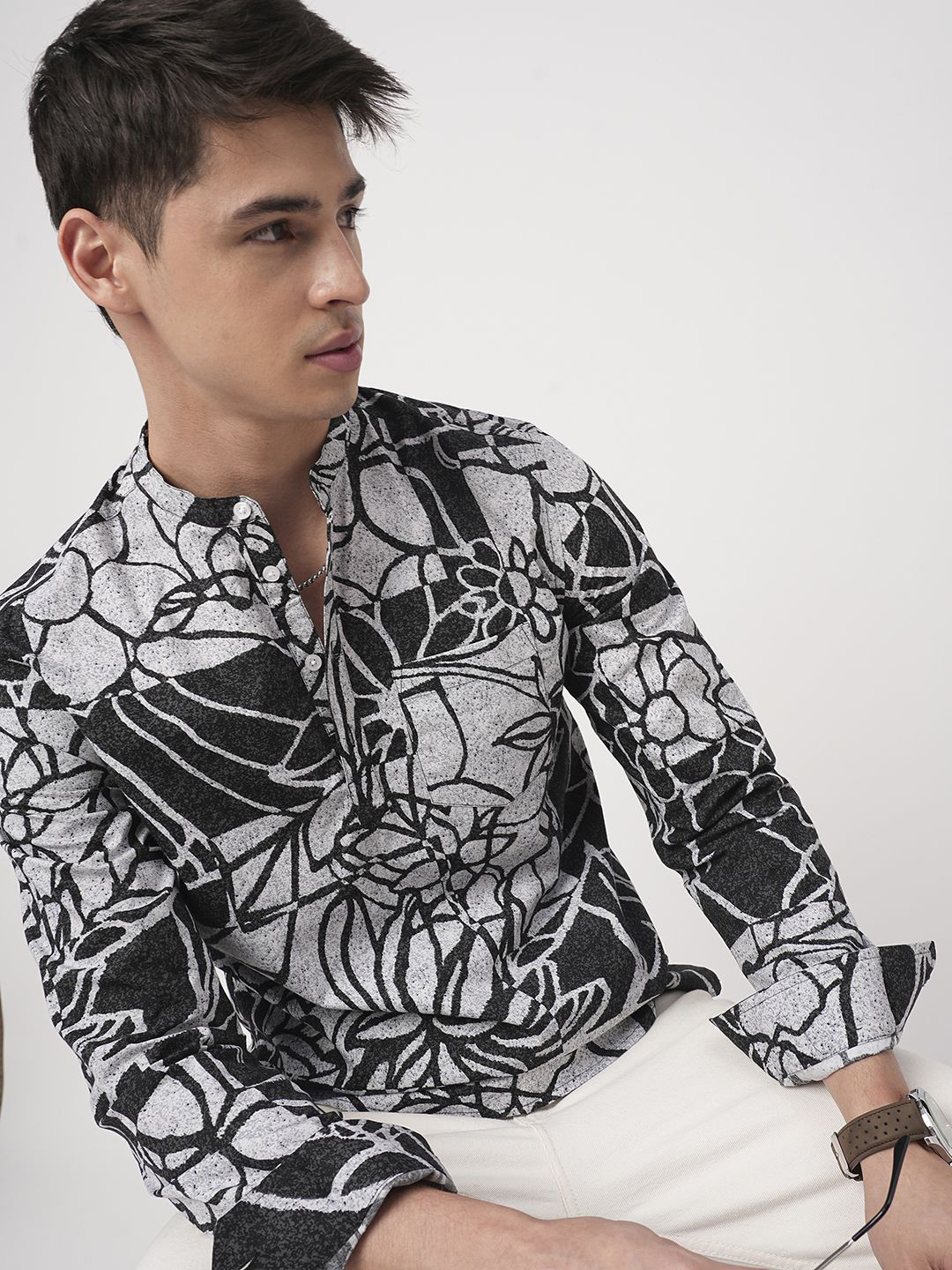 VASTRADO Obsidian Abstract Printed Band Collar Pure Cotton Straight Kurta