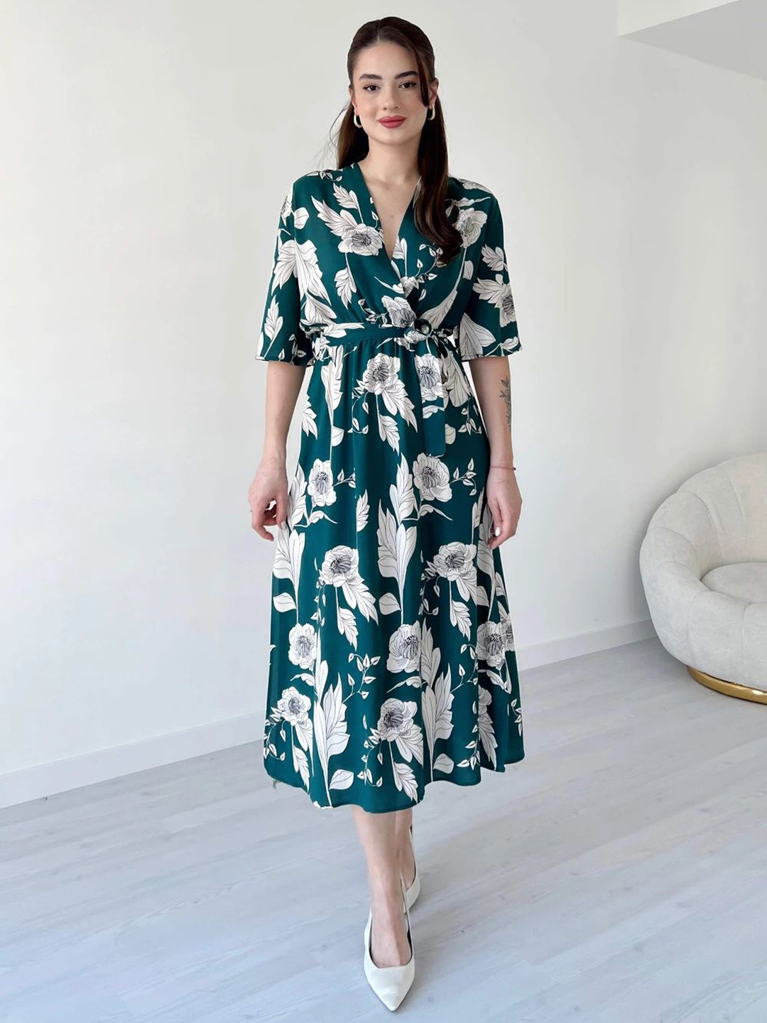 MANOJAVA Floral Printed V-Neck Fit & Flare Midi Dress
