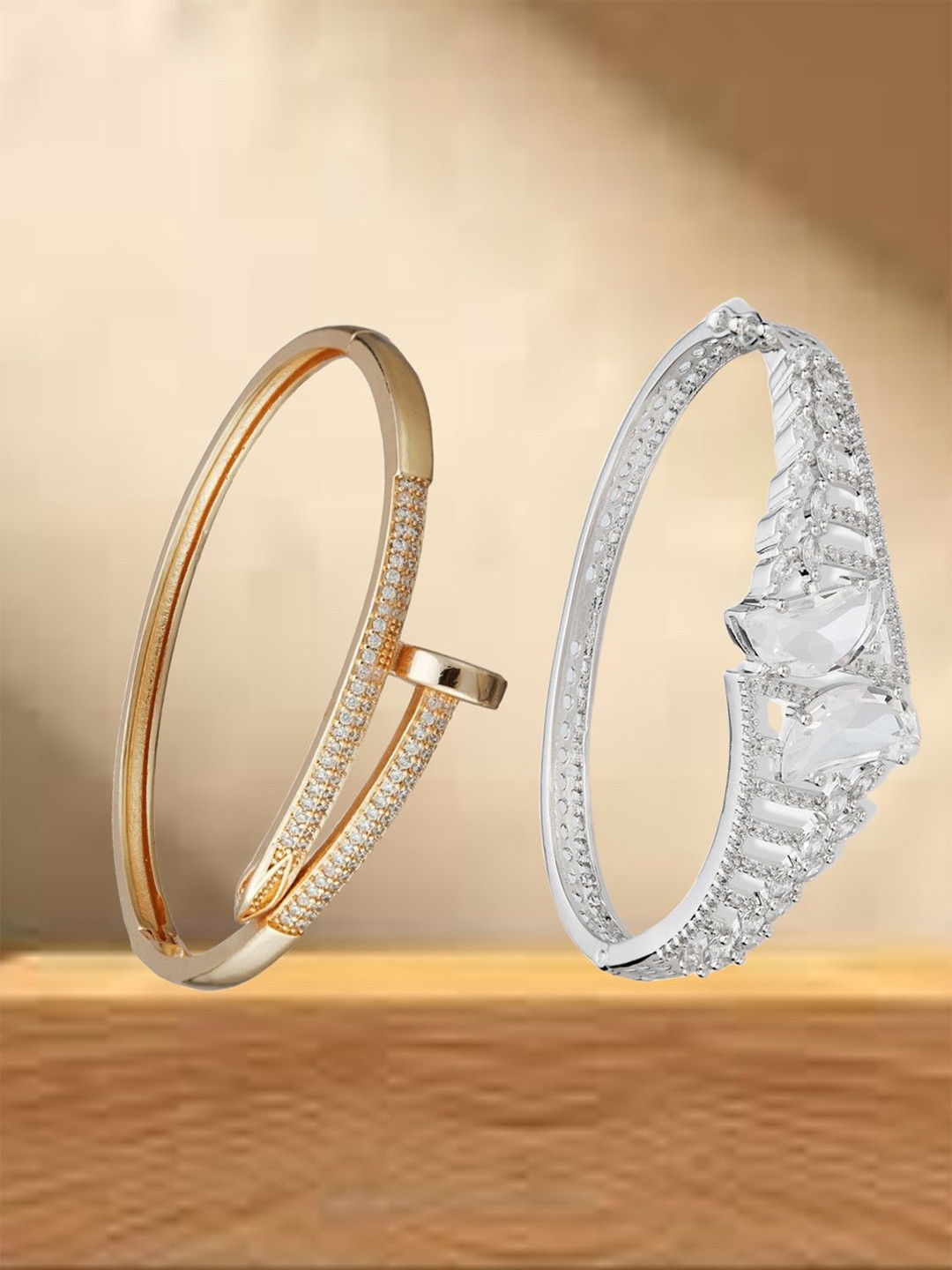 ATIBELLE SeOf 2 Silver-Plated Cubic Zirconia Studded Bangle-Style Bracelet