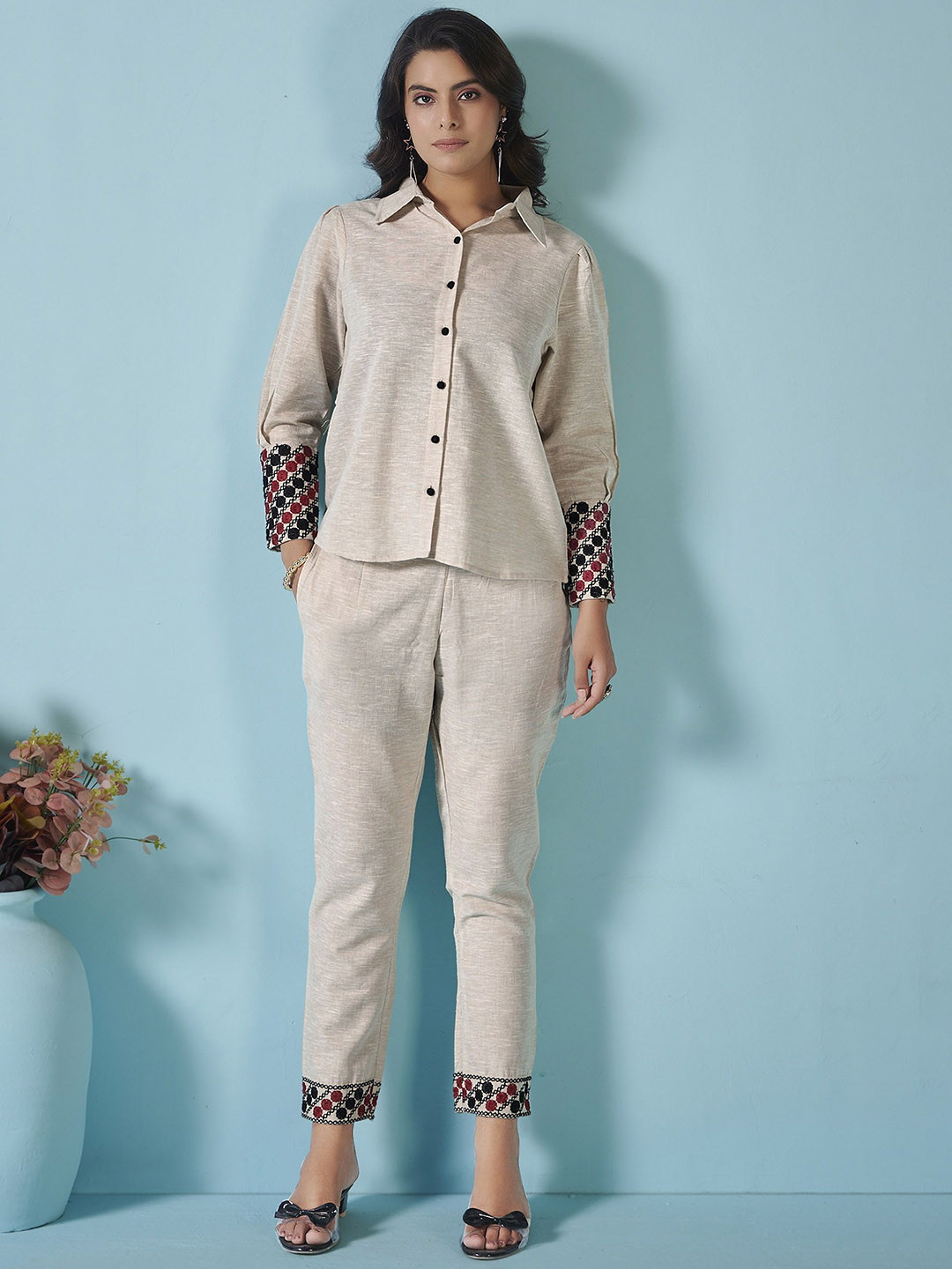 Anouk Embroidered Pure Cotton Shirt With Trouses Co-Ords