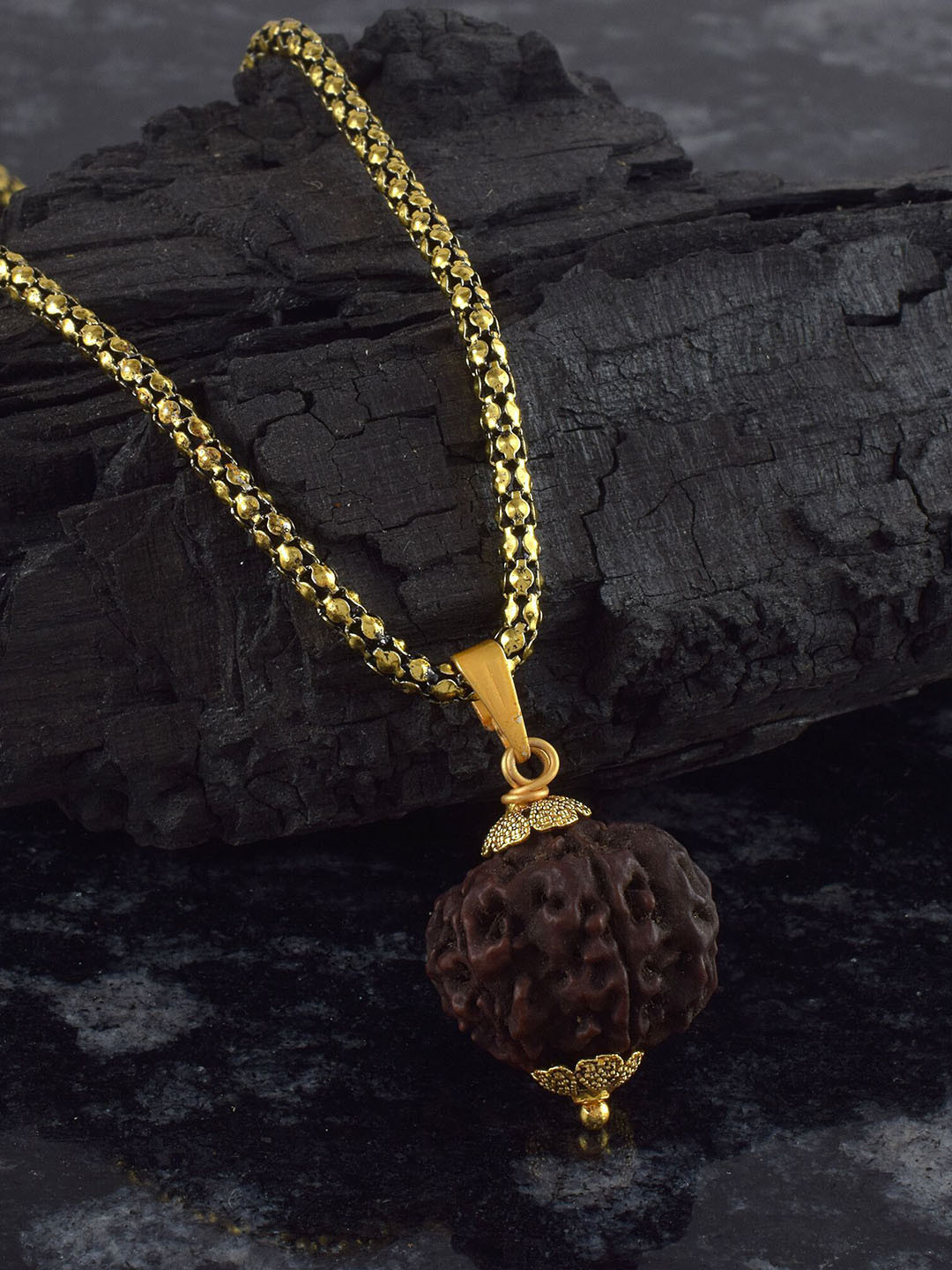 ADMIER Unisex Gold-Plated 6 Mukhi Rudraksh Beaded Pendant with Chain