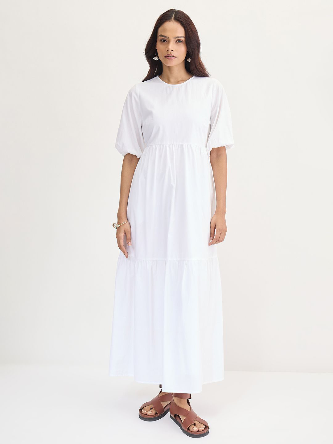 FEMMELLA Tiered Round Neck Cotton A-Line Maxi Dress