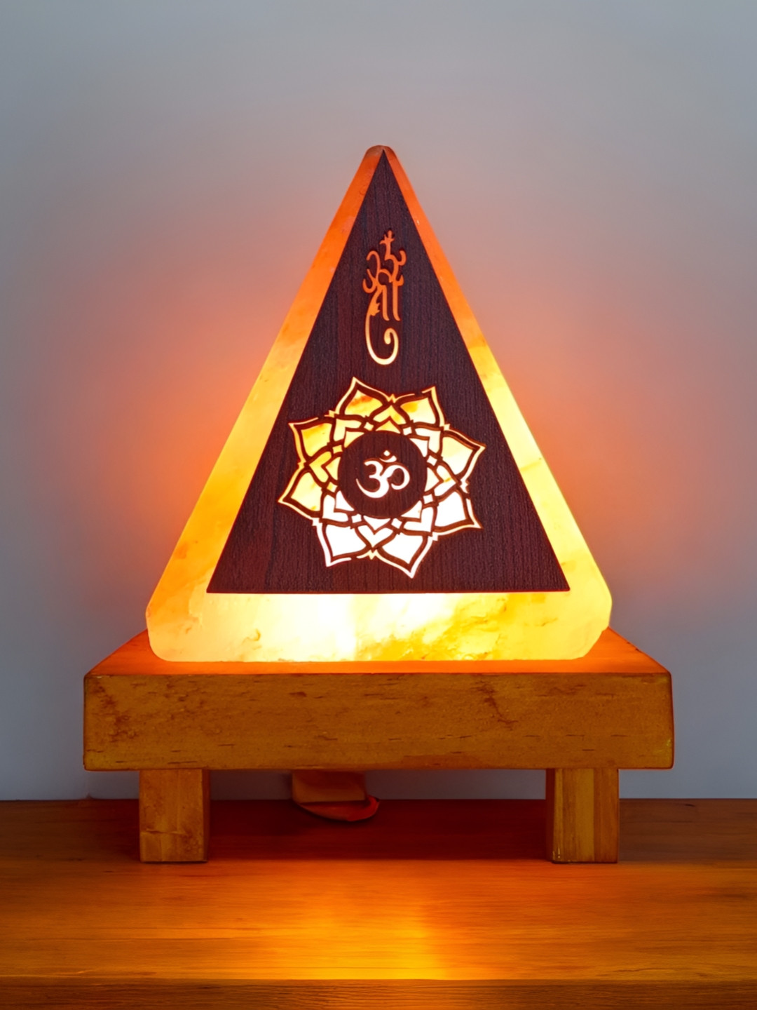GLOBAL AROMA Brown Brahma Om Textured Triangle Wooden Table Lamp
