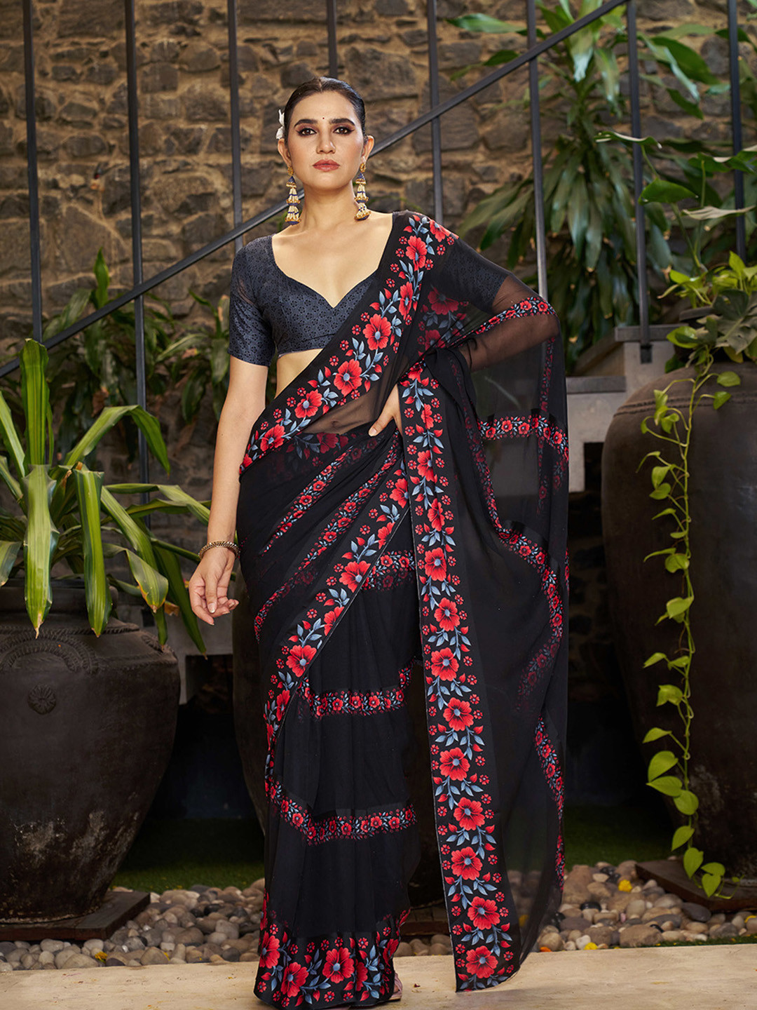 SANJANA SILK Floral Printed Satin Bagh Saree