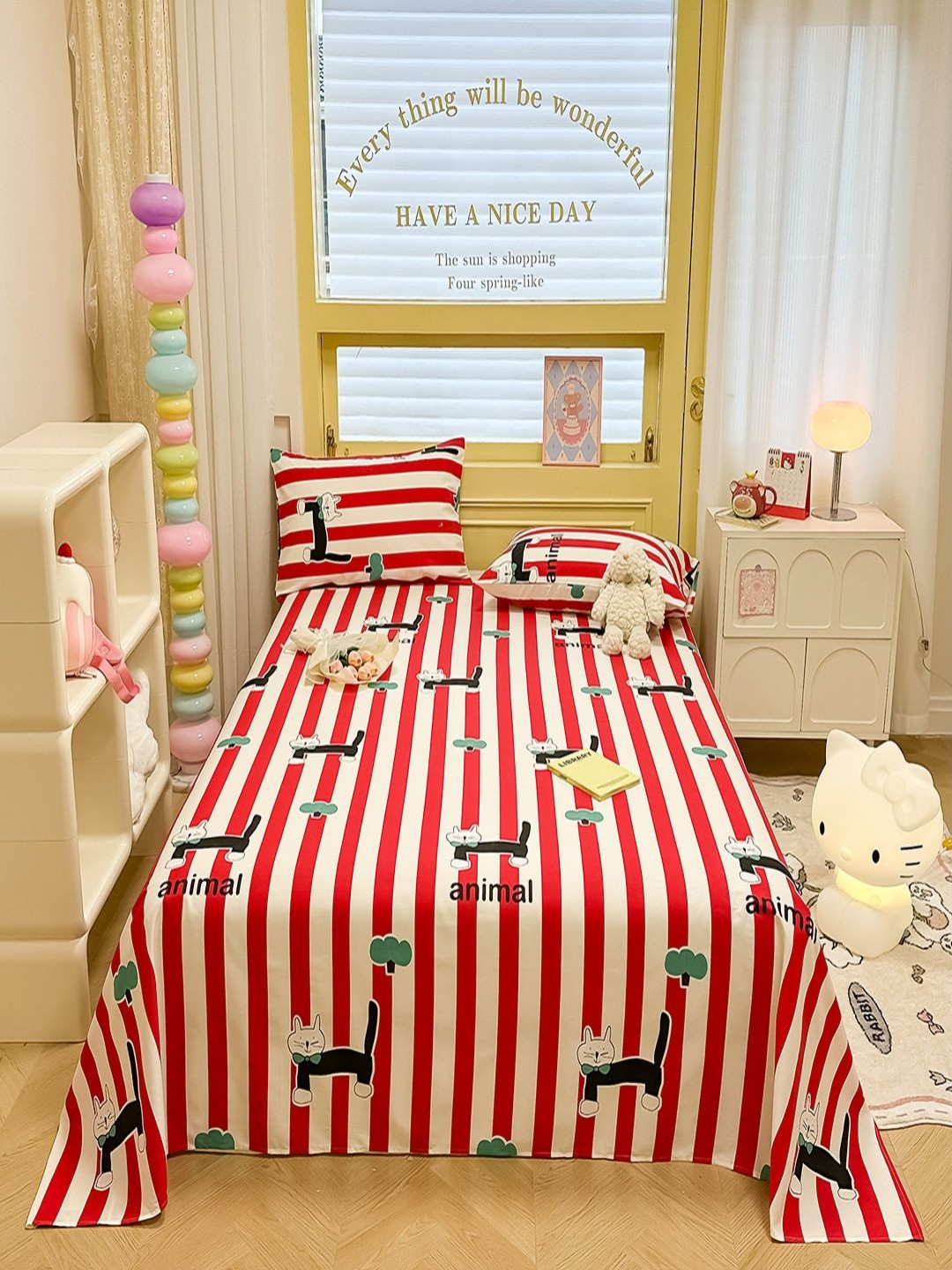 JC HOME Red Animal Cotton 200 TC Queen Fine Bedsheet with 2 Pillow Covers-79 x 91 inches