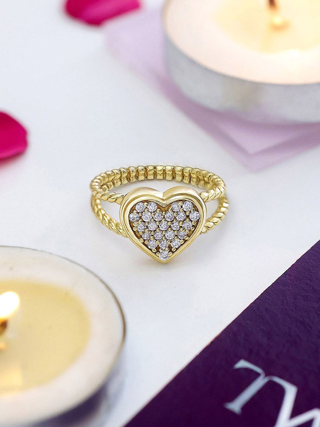 Tweov  Jewels Gold Plated White CZ Stone Studded Heart Ring