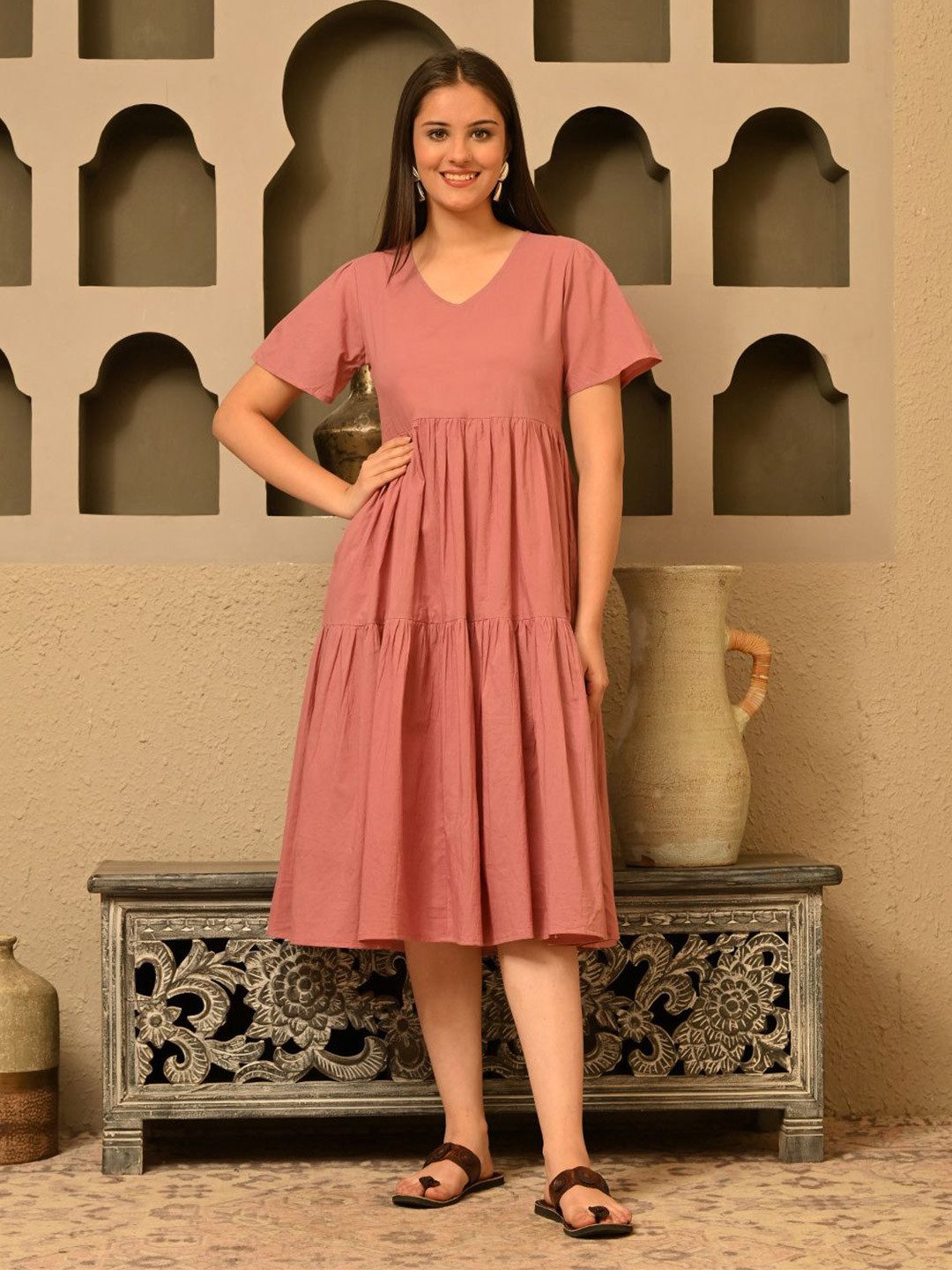 Sangria Women Cotton A-Line Tiered Pocket Midi Dress