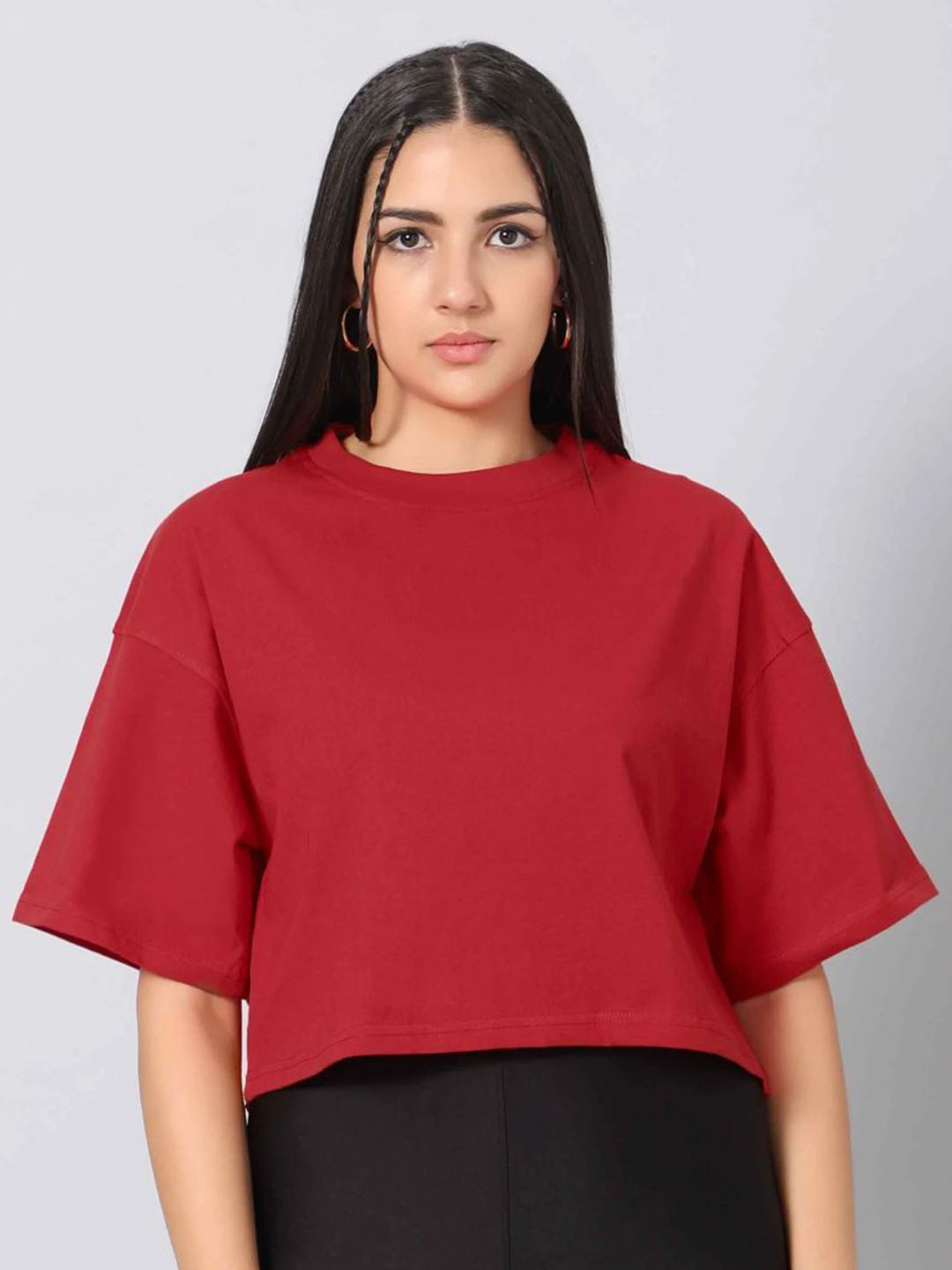 Besick Women Solid Round Neck Drop Shoulder T-shirt