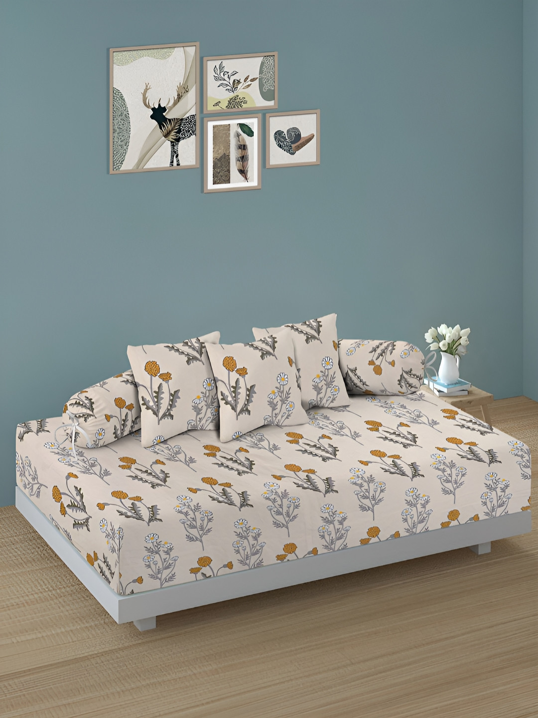 Arrabi 6Pcs Cream-Colored & Grey Floral-Printed Skin-Friendly Superfine Quality Diwan Set