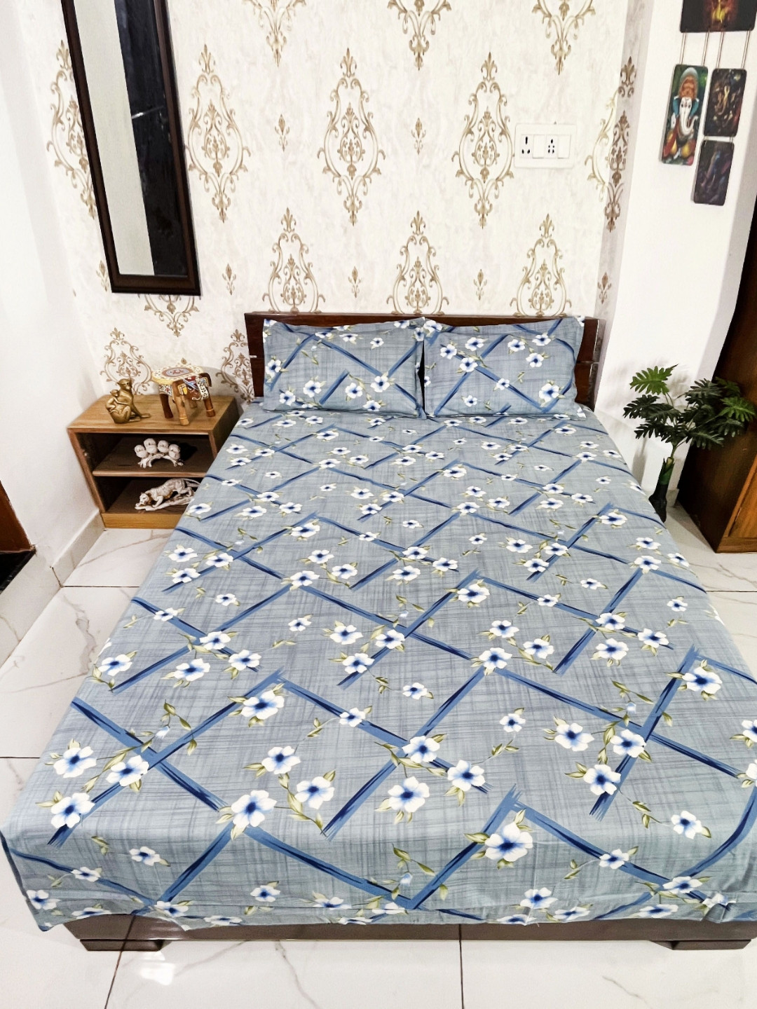 Marika Grey Floral Cotton 200 TC Super King Fine Bedsheet with 2 Pillow Covers-108 x 108 inches
