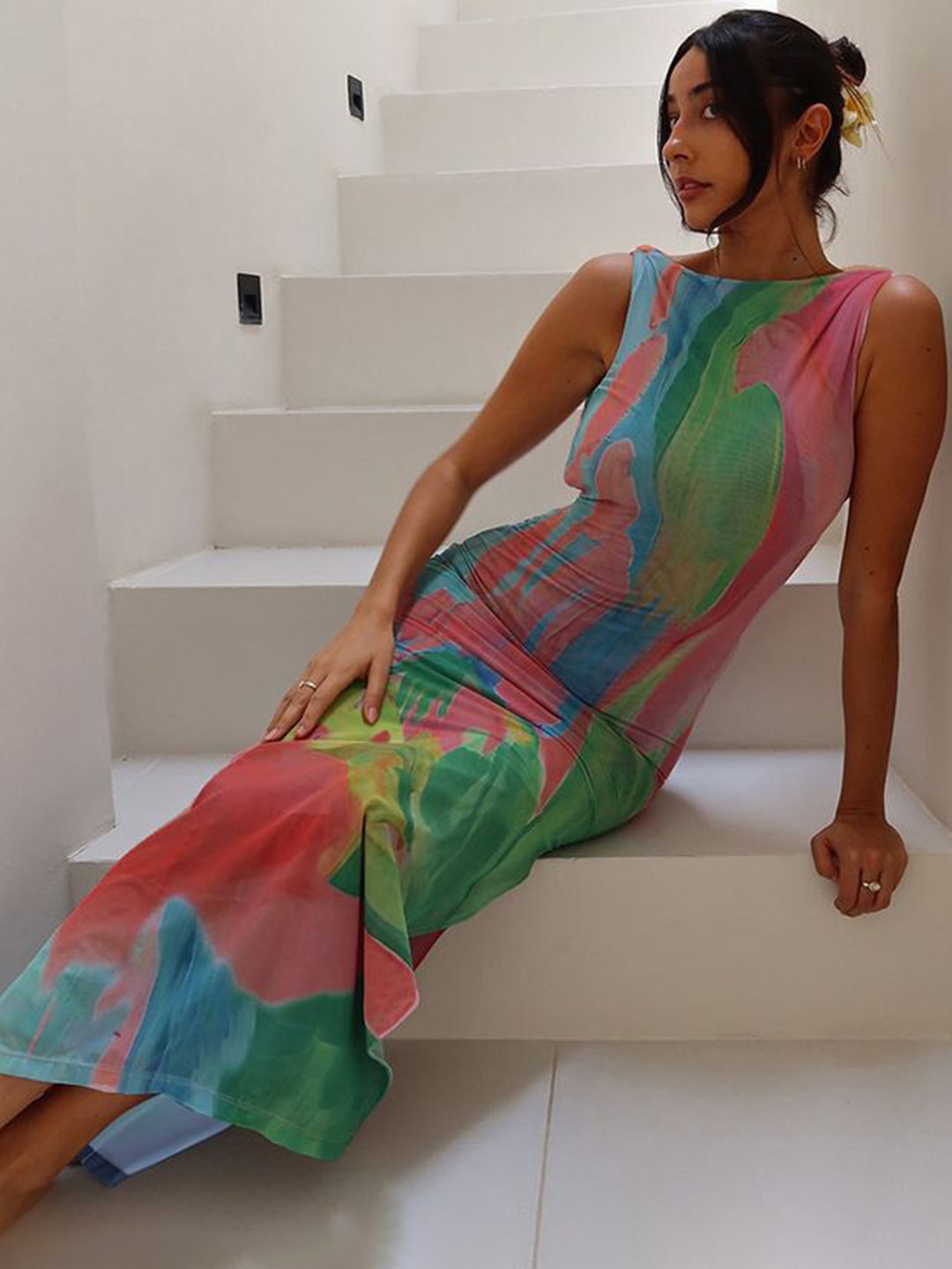 bebe Multicolored Print Sleeveless Open Back Bodycon Maxi Dress