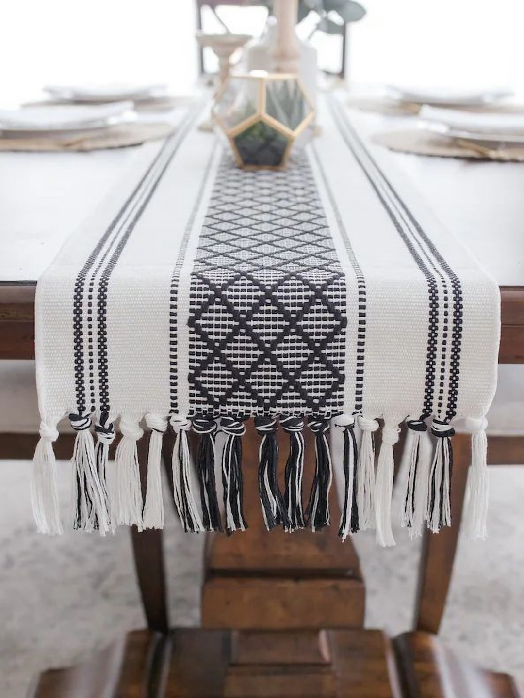INDIAN HOME FAB Black & White Rectangular Table Runner With Tassels