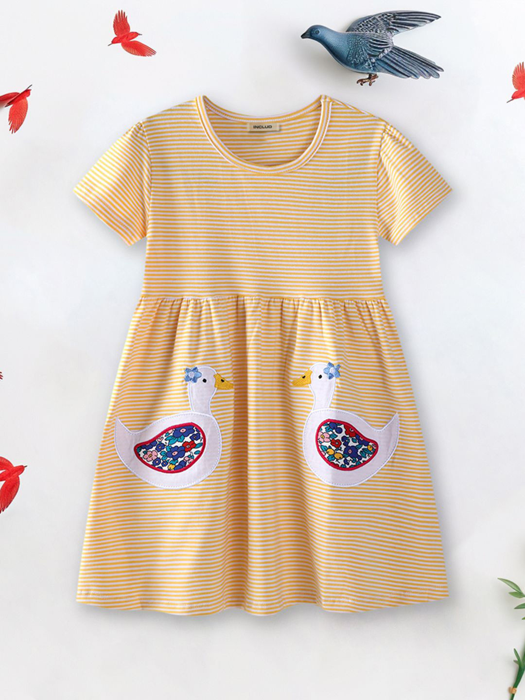 INCLUD Girls Brown Stripes Duck Applique Short Sleeve Fit & Flare Dress