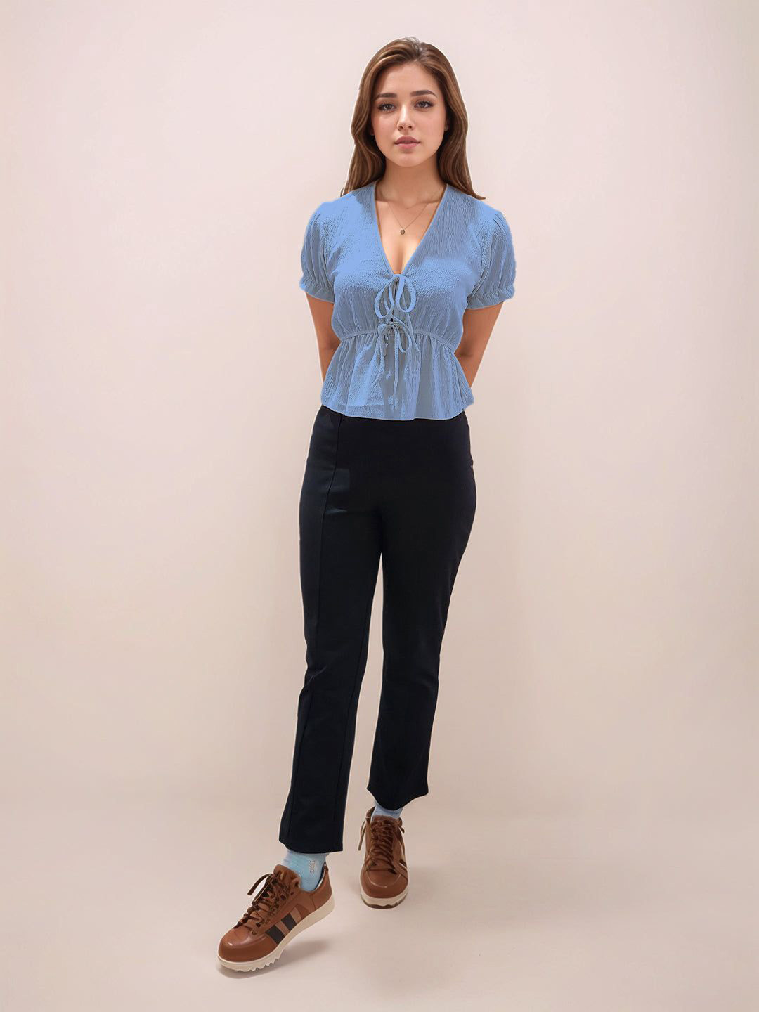 Zink London Women Textured V-Neck Half V-Blouses & Tops