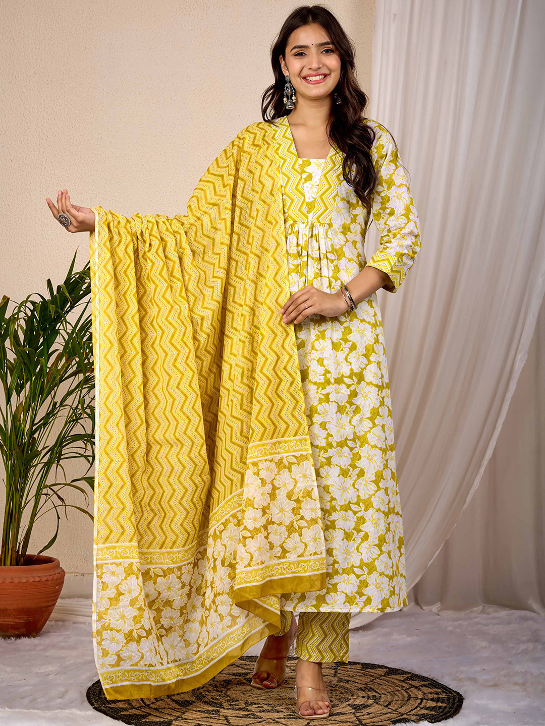 NAMA'S Ethnic Motifs Printed V Neck A Line Pure Cotton Kurta With Trousers & Dupatta