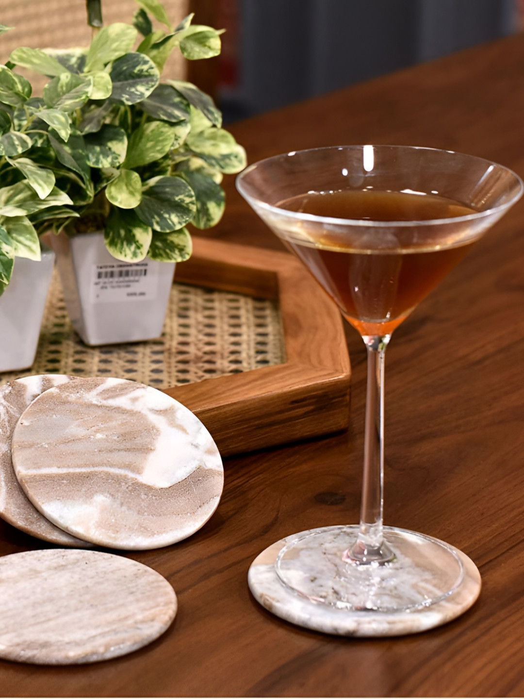 Little Extra 4Pcs Brown & White Printed Marble Round Non-Slip Super-Slim Coasters