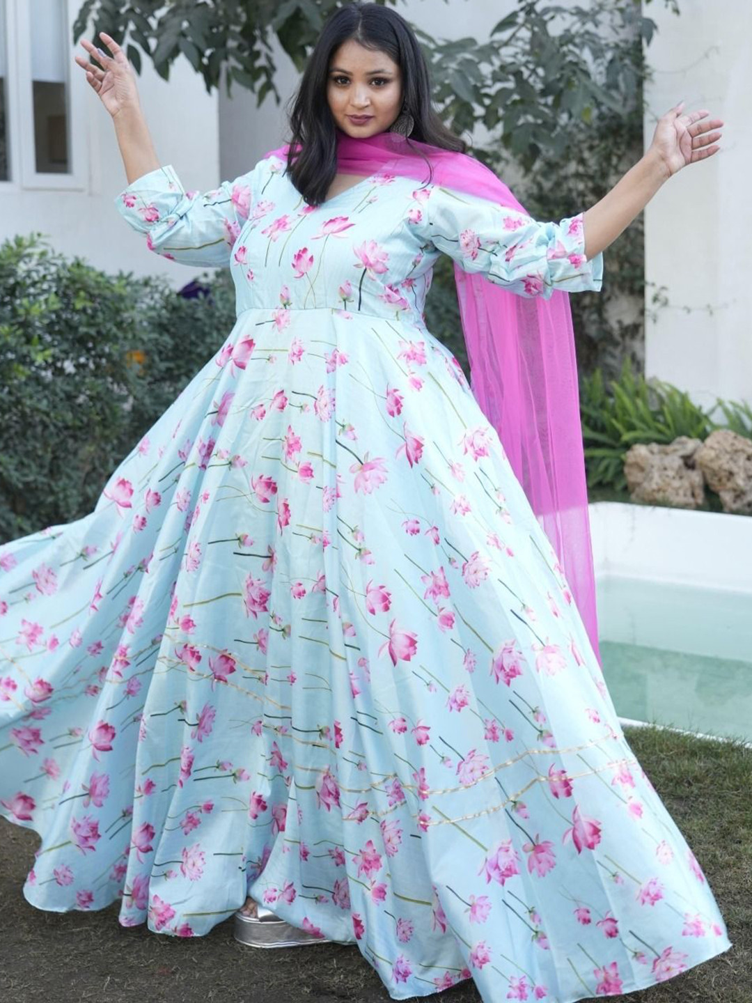 Swadeshi Shringaar Sky Blue Lotus Silk Anarkali Set