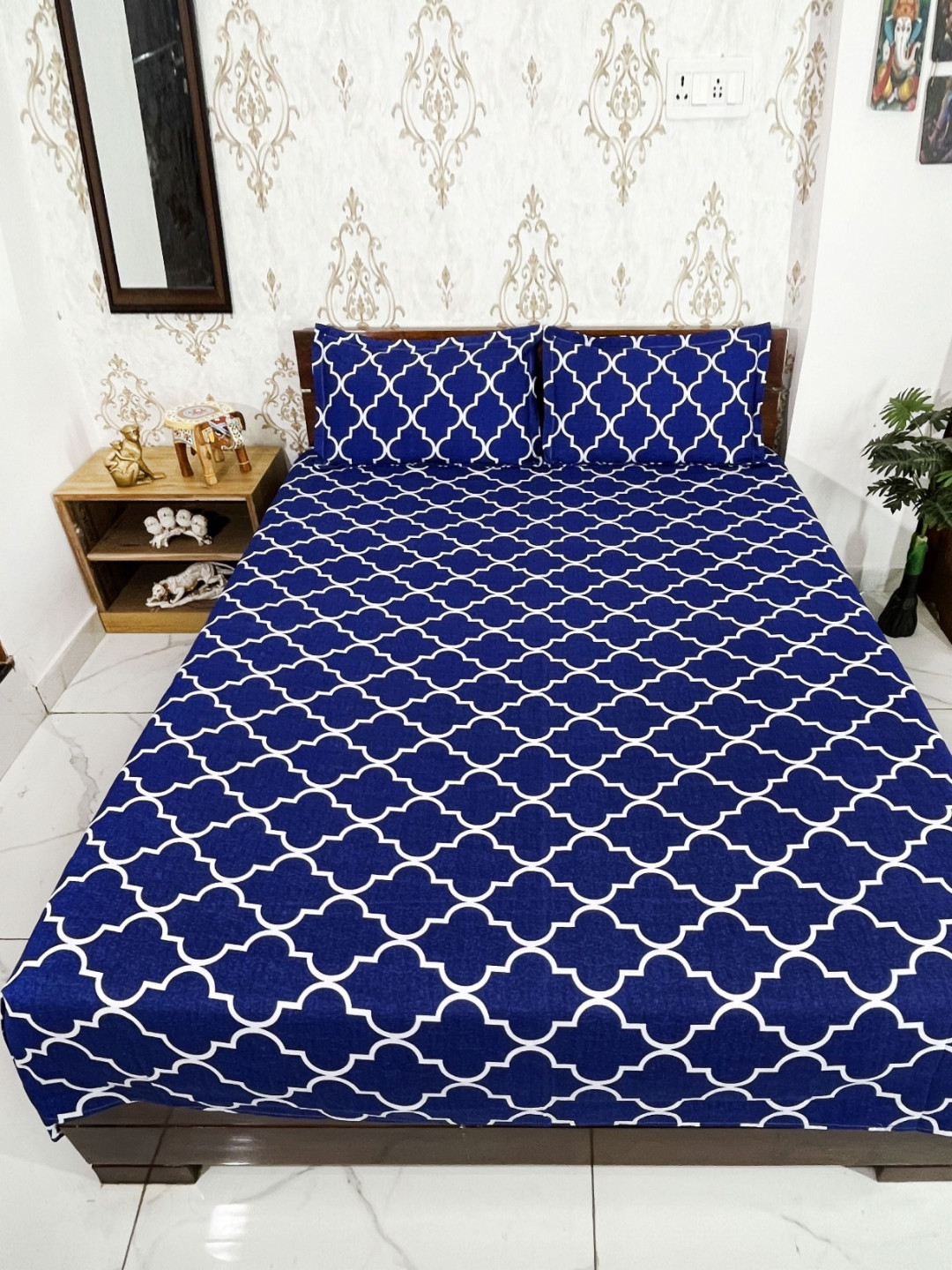 Marika Navy Blue Geometric Cotton Breathable 180 TC Queen Fine Bedsheet with 2 Pillow Covers-90 x 100 inches