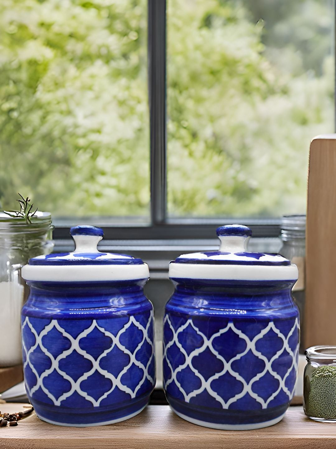 Kraftlik Handicraft 18-Pj1-Nc2 Blue Argyle Ceramic Easy To Clean 2 Piece Flip Top Canister-1L