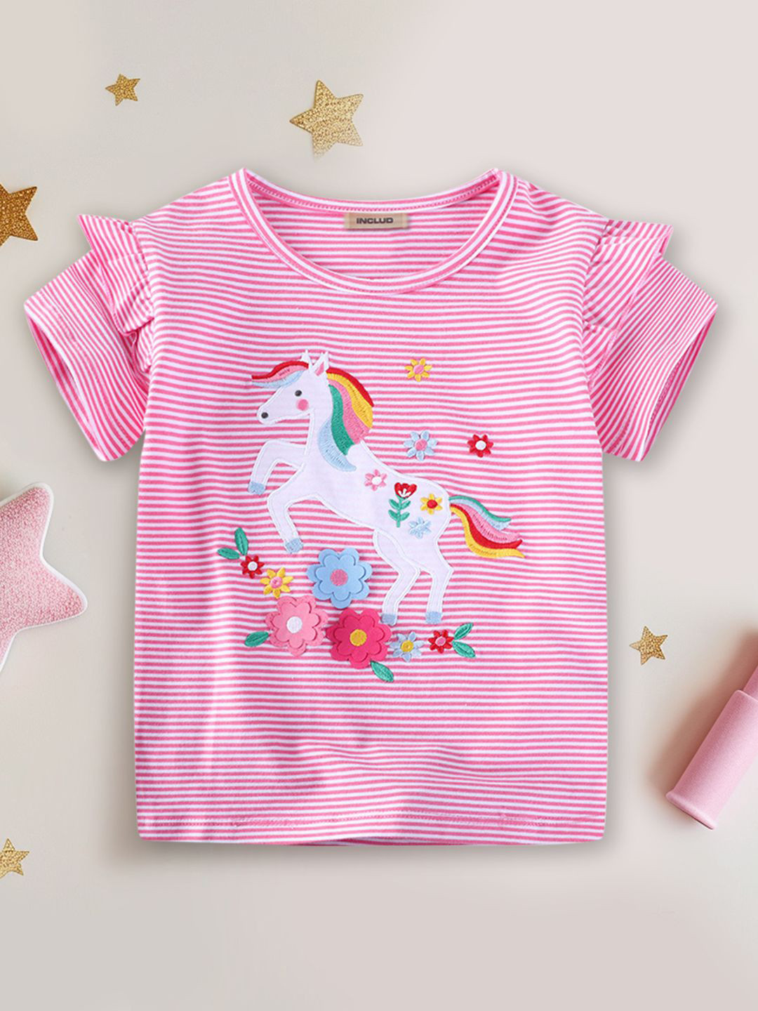 INCLUD Striped Unicorn Embroidered Short Sleeves Top
