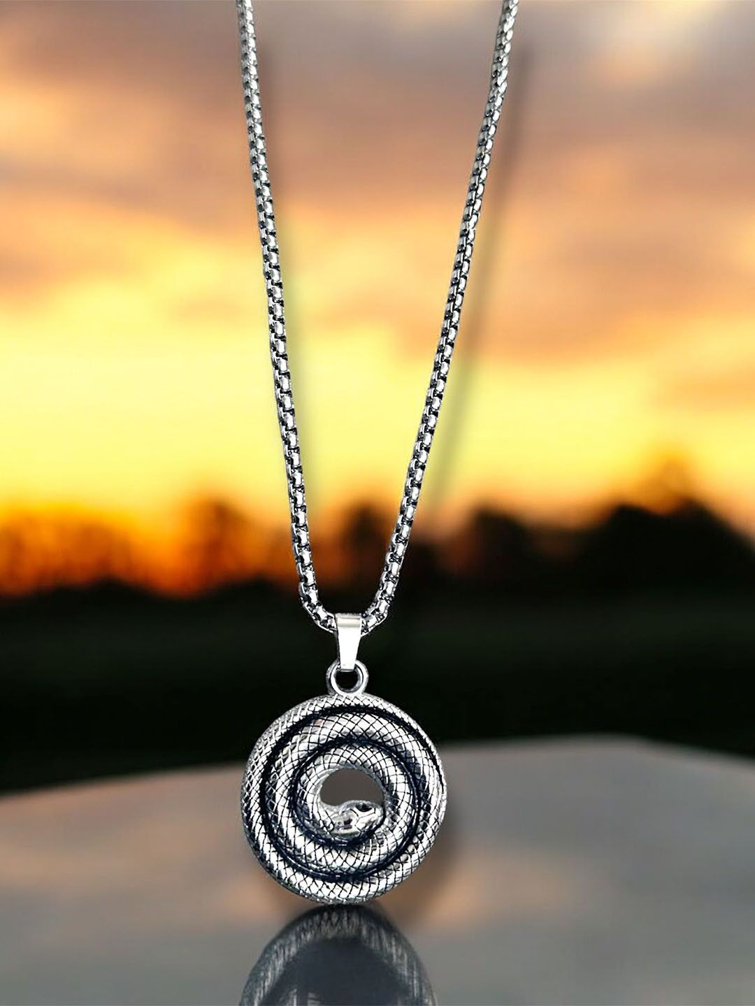 Nitant Men Silver-Plated Snake Inspired Pendant with Chain