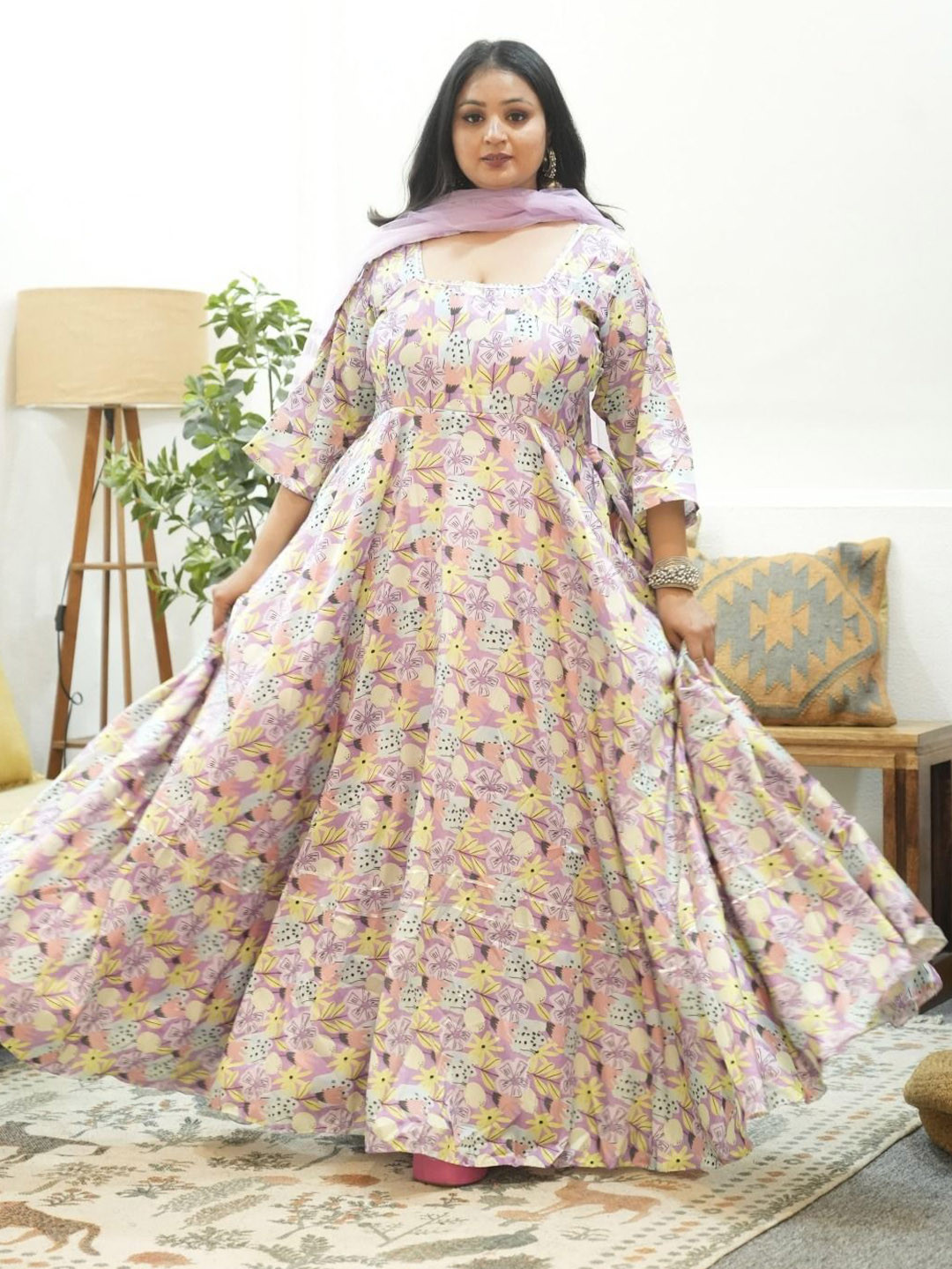 Swadeshi Shringaar Luna Lavender Printed Silk Anarkali Set