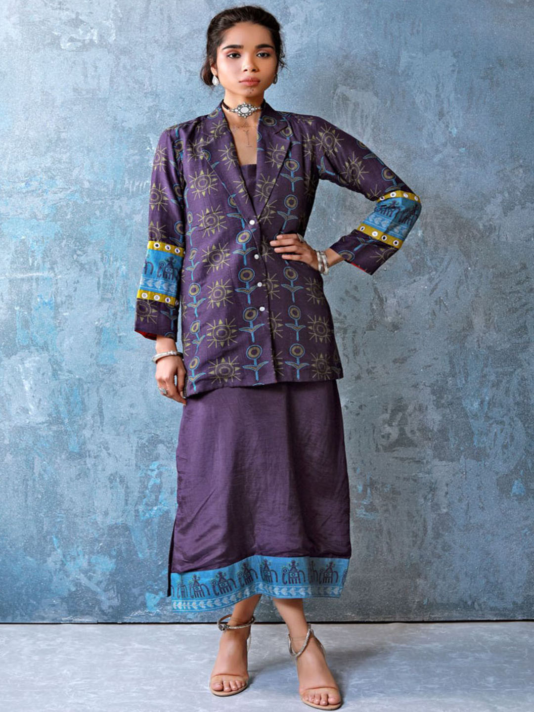 UDD Mahoot Geometric Printed Lapel Collar Mirror Work Linen Tailored Jacket