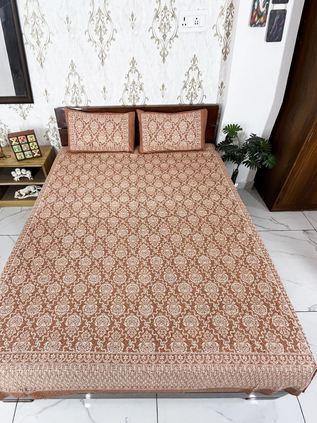 Marika Book Fold Brown Ethnic Motifs Cotton Breathable 180 TC King Fine Bedsheet with 2 Pillow Covers-90 x 100 inches