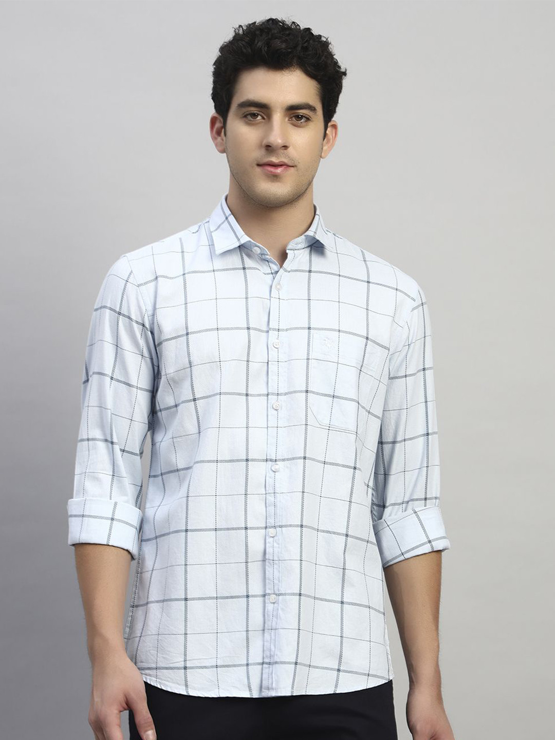 Cantabil Men Original Windowpane Checks Checked Spread Collar Cotton Casual Shirt