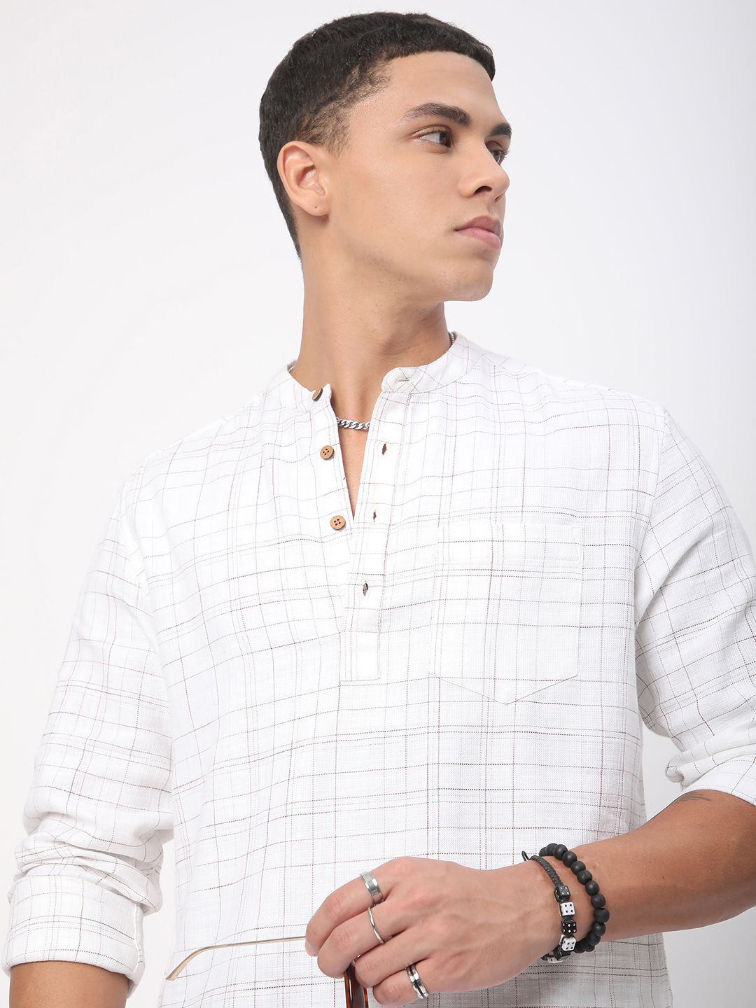 VASTRADO Modish Ivory Checked Band Collar Pure Cotton Straight Kurta