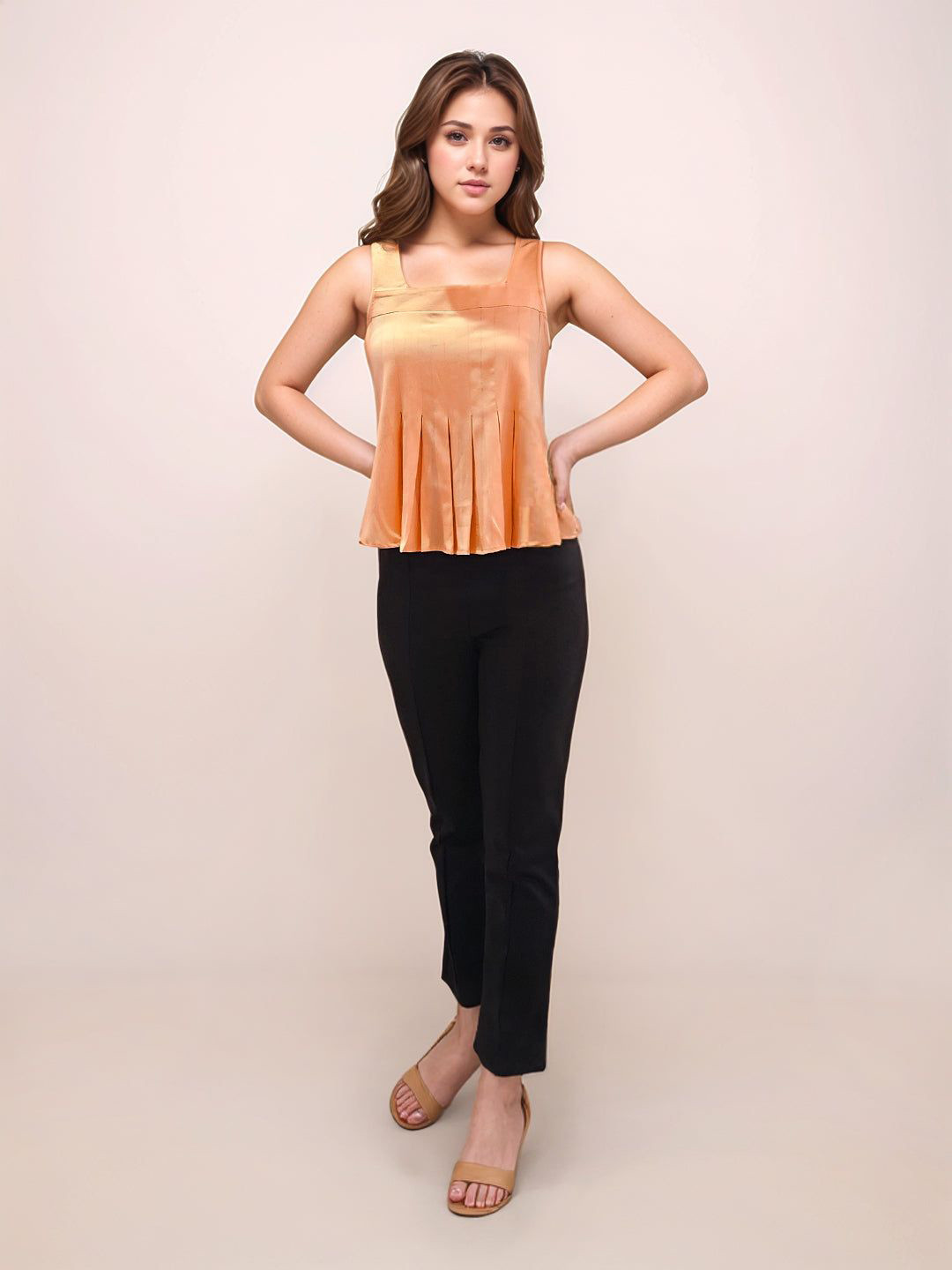 Zink London Women Orange Solid Square Neck Shoulder Straps V-Blouses & Tops