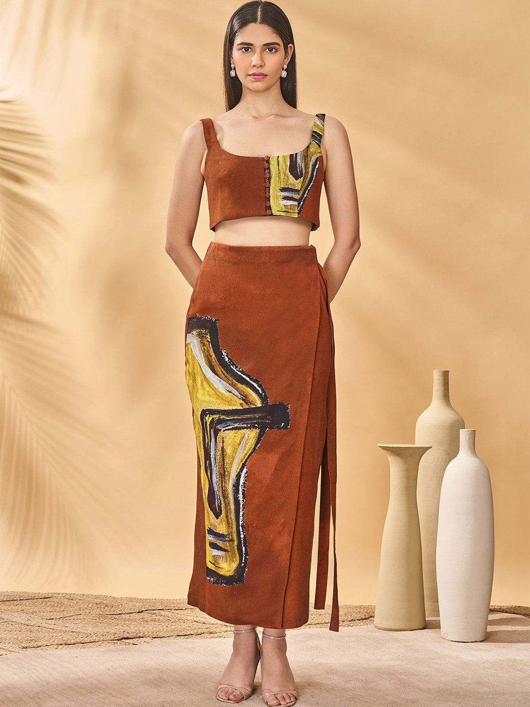 Masaba Brown Scoop Neck Top And Pareo Co-Ords