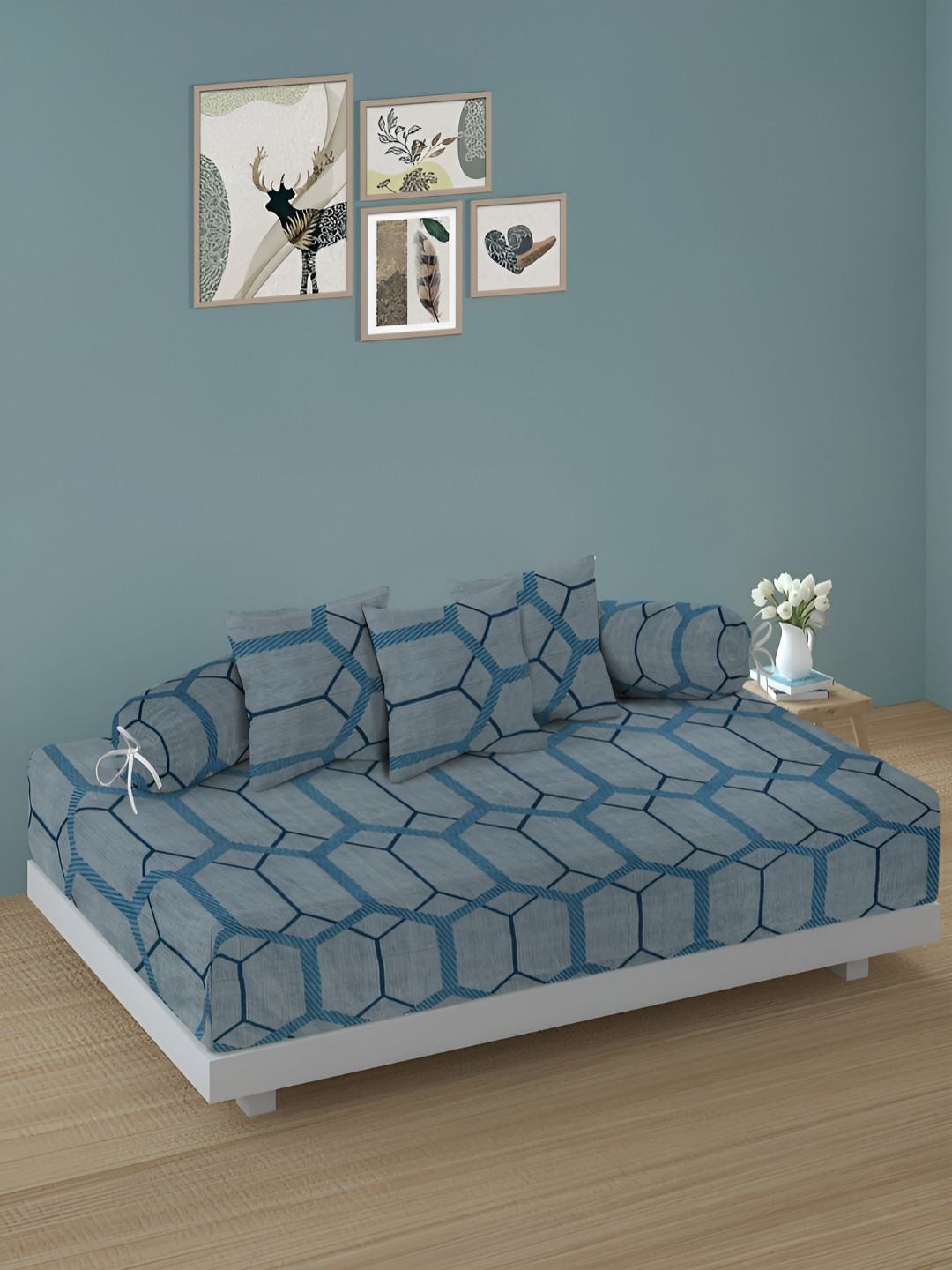 Arrabi 6Pcs Grey & Blue Geometric-Printed Skin-Friendly Superfine Quality Diwan Set