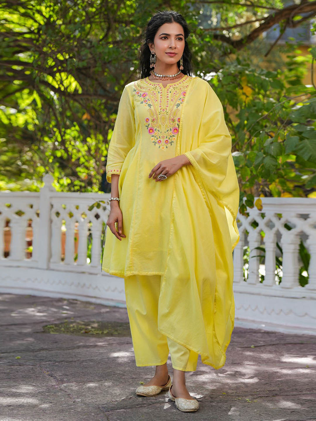 SCAKHI Floral Embroidered Panelled Thread Work Cotton Mulmul Kurta With Salwar & Dupatta