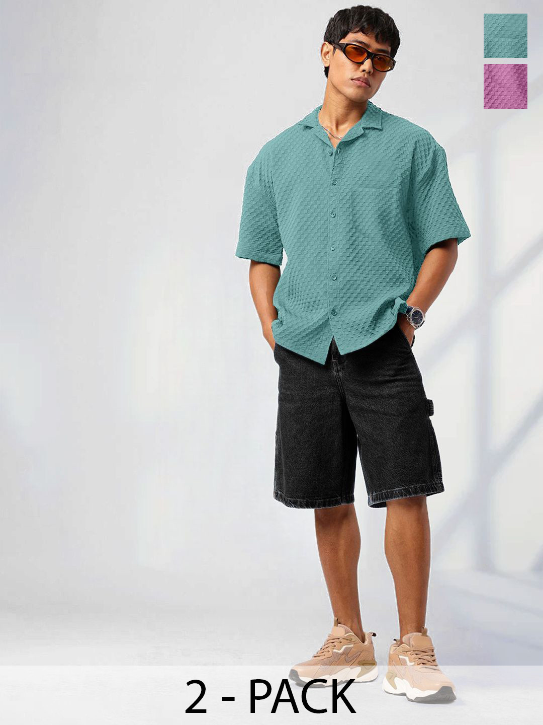 Tee Projekt Men Pack of 2 Standard Fit Textured Spread Collar Casual Shirts