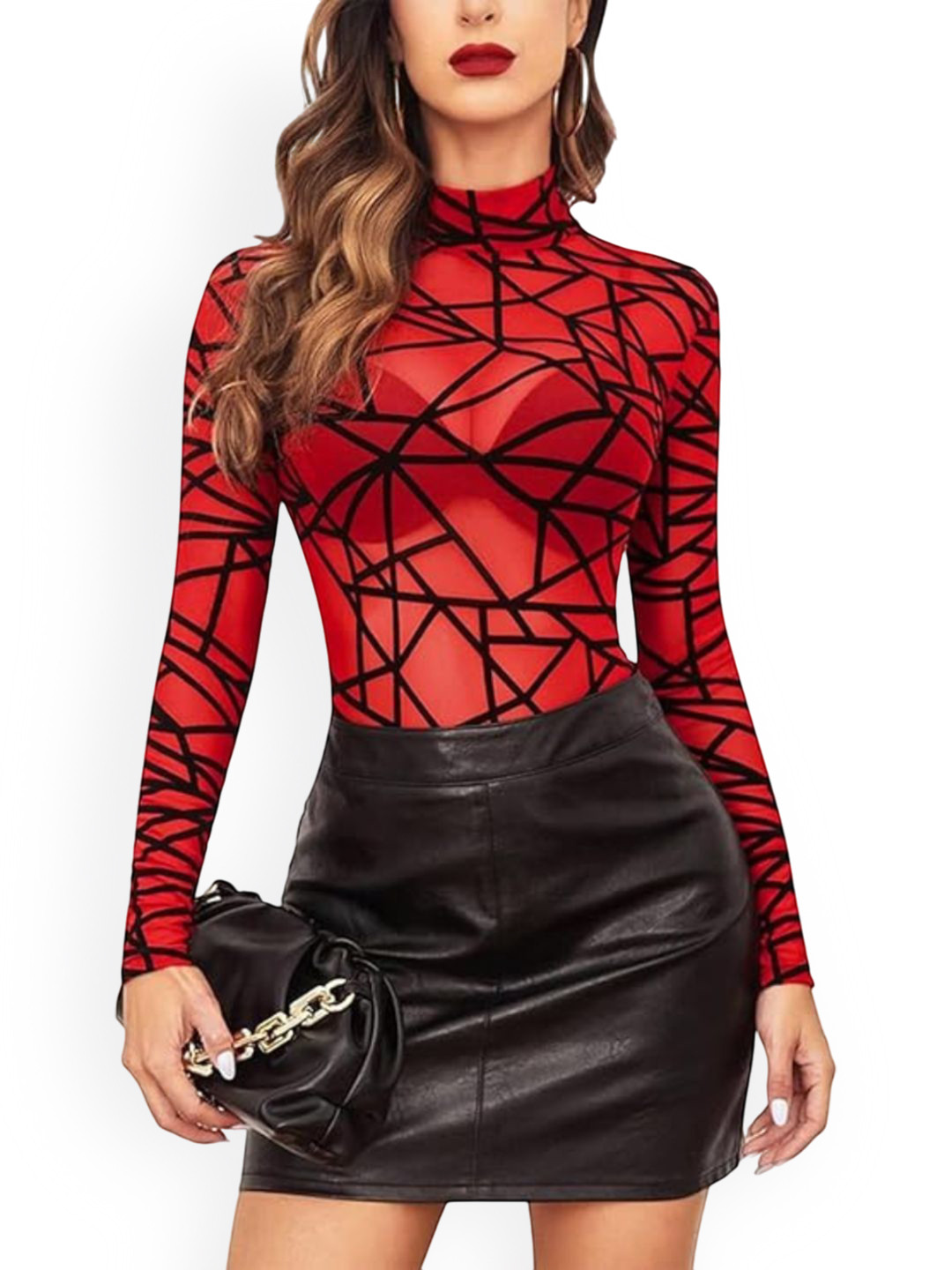 For You For Me Geometric Self Design High Neck Sheer Mesh Bodysuit