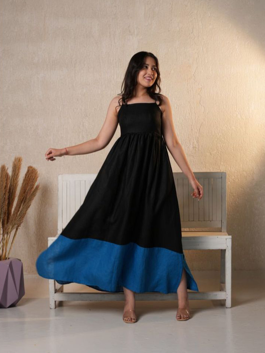 Pratha-house of linen Women Solid Shoulder Straps Styled Back Linen A-Line Maxi Dress