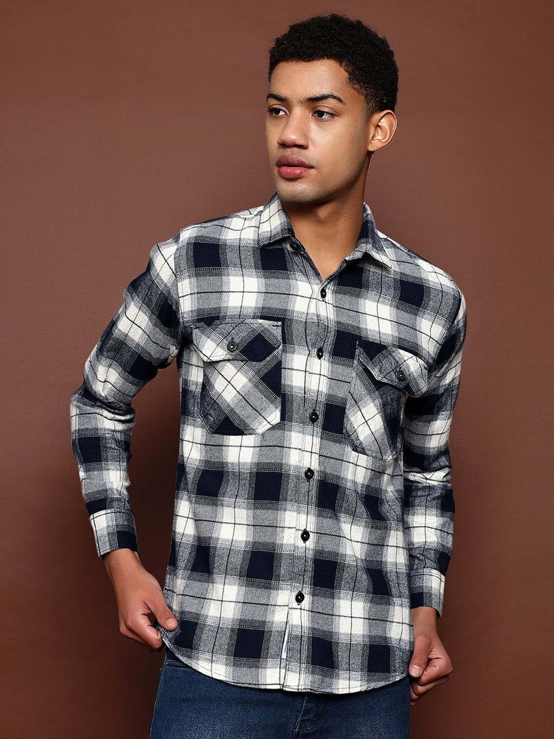 CVC Men Double Pocket Check Casual Shirt
