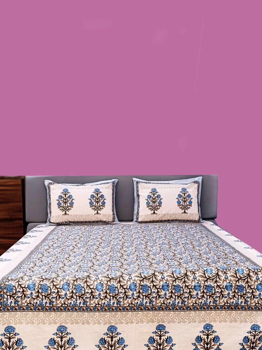 Marika Blue Floral Cotton Breathable 260 TC King Fine Bedsheet with 2 Pillow Covers-236 x 274 cm